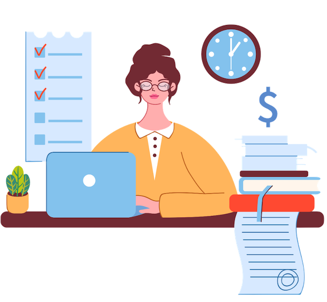 Main hero image of the article, an illustrated image of a cpa performing an audit on her laptop.